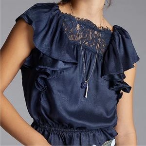 Anthropologie Porridge Gathered Blue Lace Blouse Size Small NWT